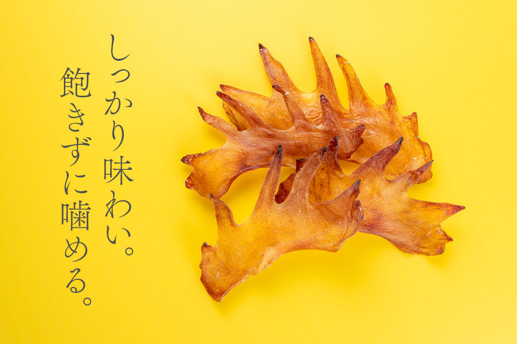 Close-up of Air Dried Chicken Comb showing the natural texture of this chicken comb for dogs. Contains glucosamine, chondroitin for joints, a healthy air-dried treat from Michinoku Farm Japan