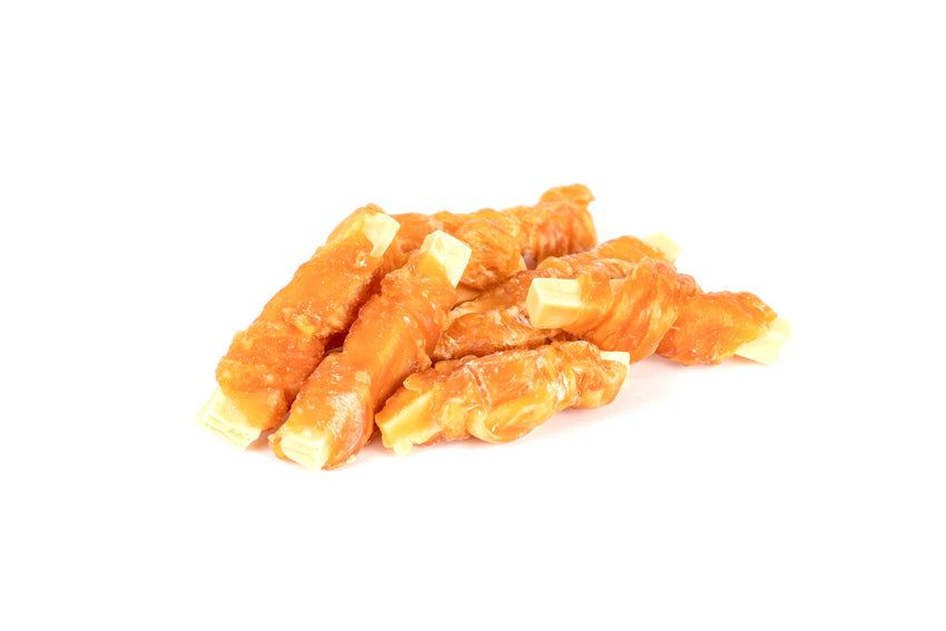 Close-up of Air Dried Chicken & Cheese showing the natural texture of this chicken tender dog treats. High protein, calcium for bones, a healthy air-dried treat from Michinoku Farm Japan