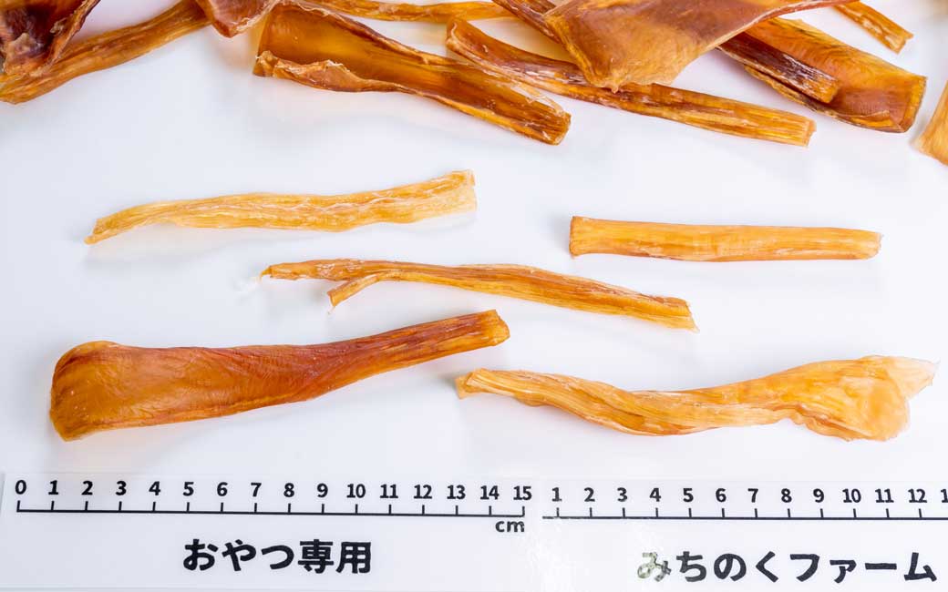 Air Dried Horse Achilles pieces served out of the pouch, no artificial additives, preservatives, coloring. A natural horse meat for dogs treat for dogs and cats from Michinoku Farm Singapore