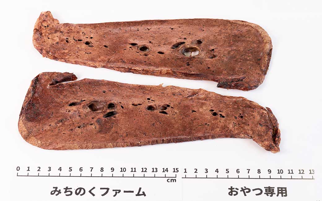 Close-up of Air Dried Horse Lung showing the natural texture of this freeze dried horse. Light, airy texture, easy to chew, a healthy air-dried treat from Michinoku Farm Japan
