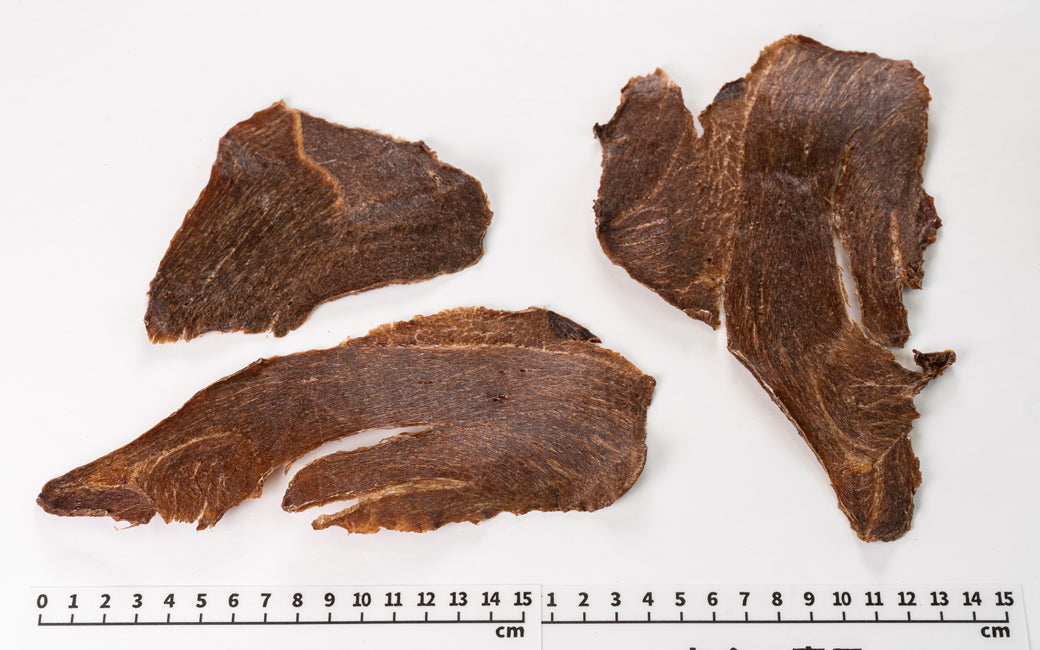 Close-up of Air Dried Horse Meat Jerky Slices showing the natural texture of this freeze dried horse. High protein, low fat treat, a healthy air-dried treat from Michinoku Farm Japan
