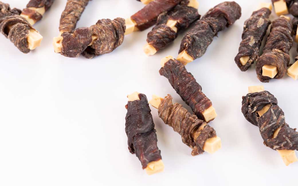 Close-up of Air Dried Horse Meat & Cheese showing the natural texture of this freeze dried horse. Rich in protein, calcium for bones, a healthy air-dried treat from Michinoku Farm Japan