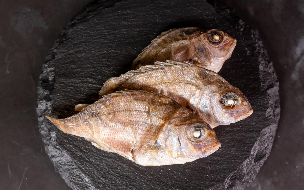 Air Dried Mamedai Small Sea Bream pieces served out of the pouch, no artificial additives, preservatives, coloring. A natural freeze dried fish for dogs treat for dogs and cats from Michinoku Farm Singapore