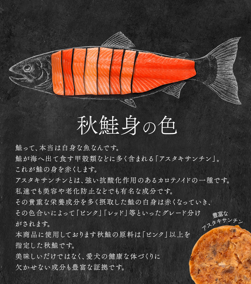 Back of the Air Dried Salmon Chips pouch showing full ingredient list and feeding details, omega 3 dog treats from Michinoku Farm Japan