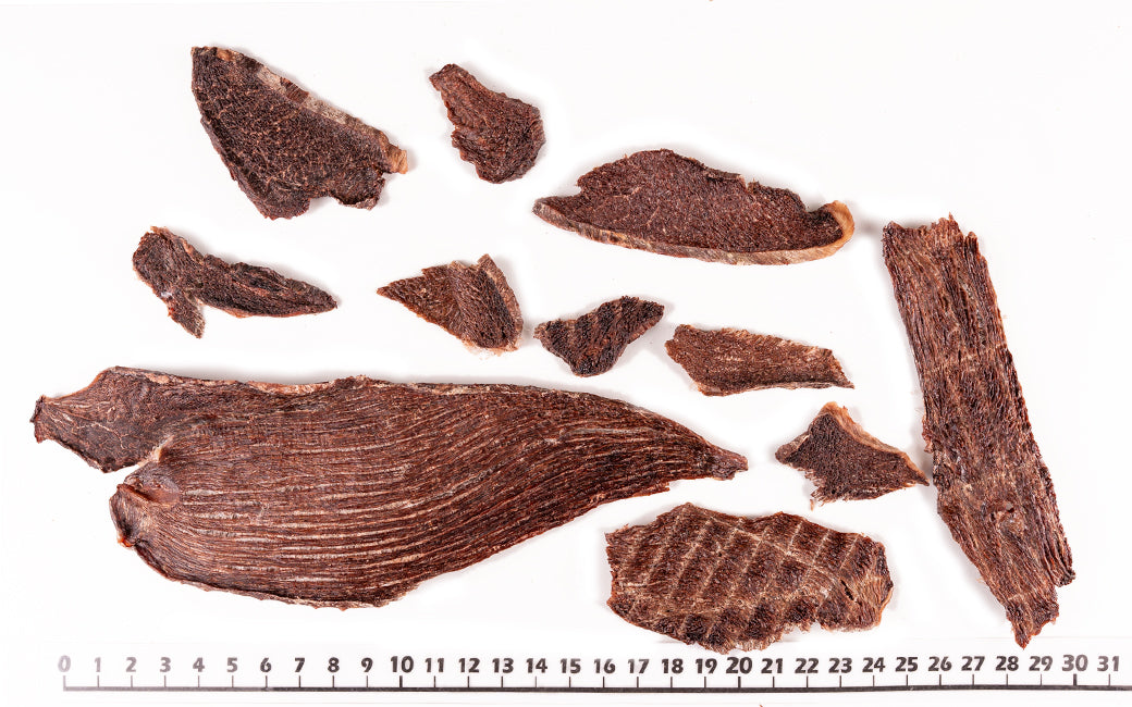 Close-up of Air Dried Sliced Ezo Venison Jerky showing the natural texture of this freeze dried venison. High protein, naturally lean red meat, a healthy air-dried treat from Michinoku Farm Japan