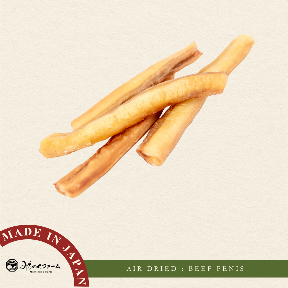 Michinoku Farm Air Dried Beef Penis pouch, a air-dried wagyu dog treats made in Japan. 100% natural cow penis, long-lasting chew for dogs and cats in Singapore