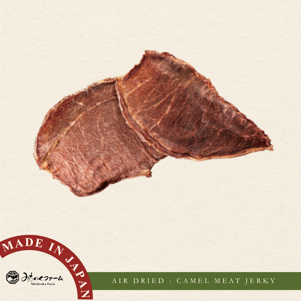 Michinoku Farm Air Dried Camel Jerky pouch, a air-dried camel dog treats made in Japan. Novel protein from Australian camel for dogs and cats in Singapore