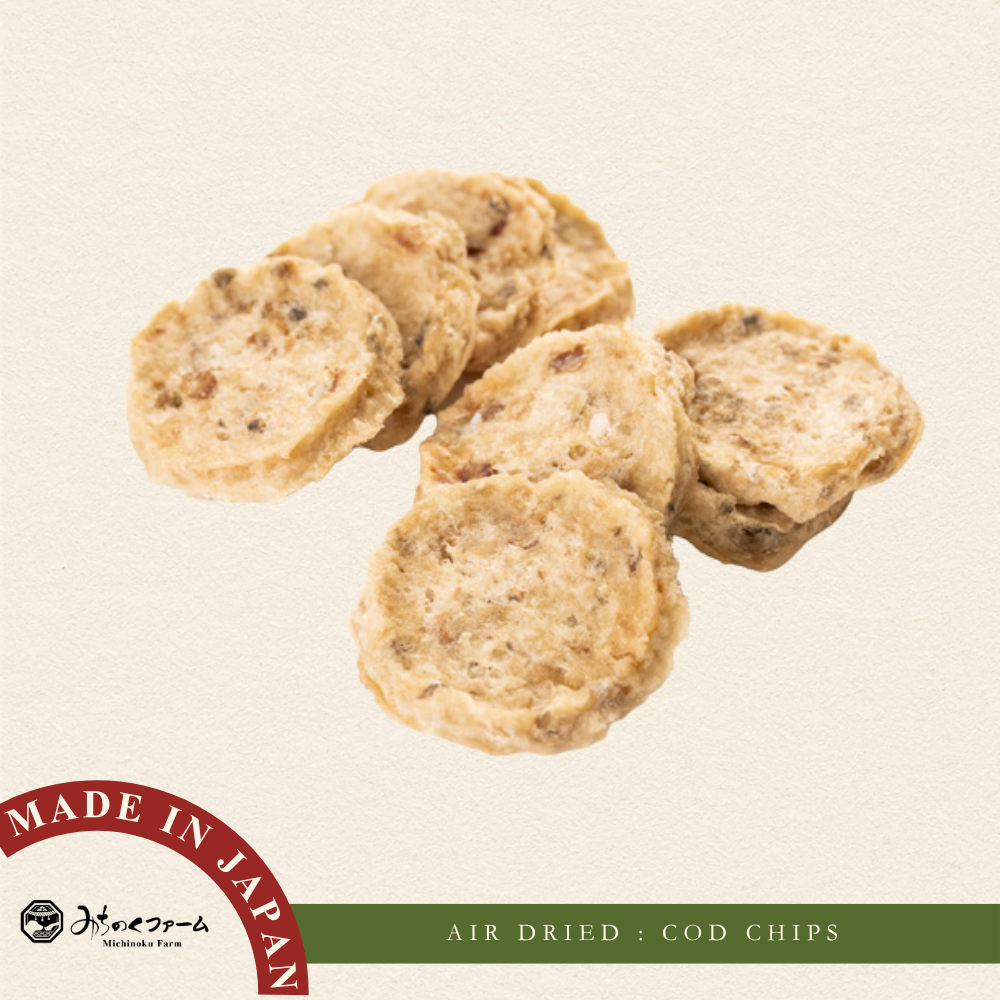 Michinoku Farm Air Dried Cod Chips pouch, a air-dried cod for dogs made in Japan. American cod, processed in Japan for dogs and cats in Singapore