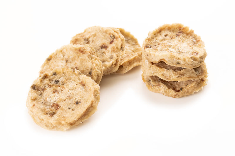 Close-up of Air Dried Cod Chips showing the natural texture of this freeze dried cod. High protein, low-calorie light snack, a healthy air-dried treat from Michinoku Farm Japan