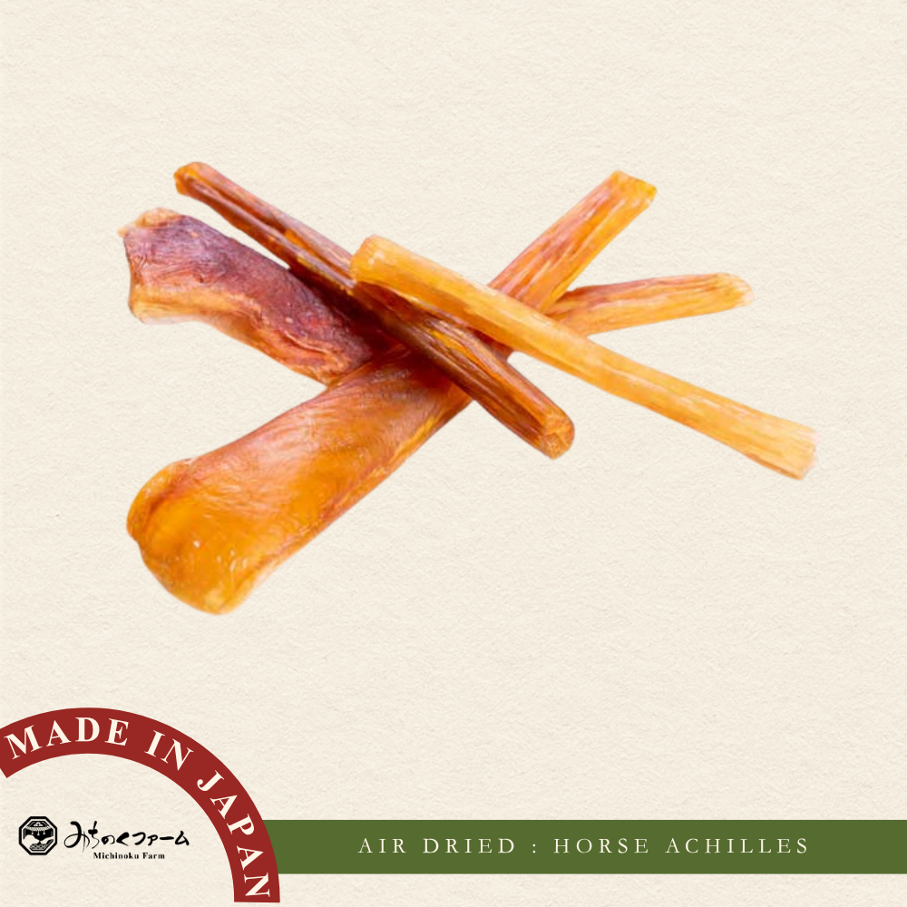 Michinoku Farm Air Dried Horse Achilles pouch, a air-dried horse meat for dogs made in Japan. 100% natural horse Achilles tendon for dogs and cats in Singapore