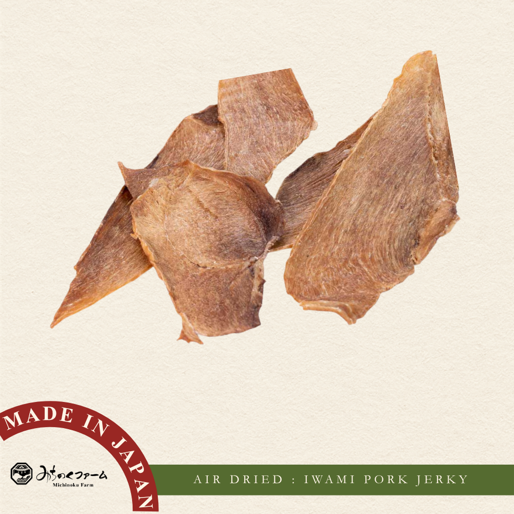 Michinoku Farm Air Dried Iwami Pork Jerky pouch, a air-dried pork jerky for dogs made in Japan. Rare Kenborough breed, Onan Town, Shimane for dogs and cats in Singapore