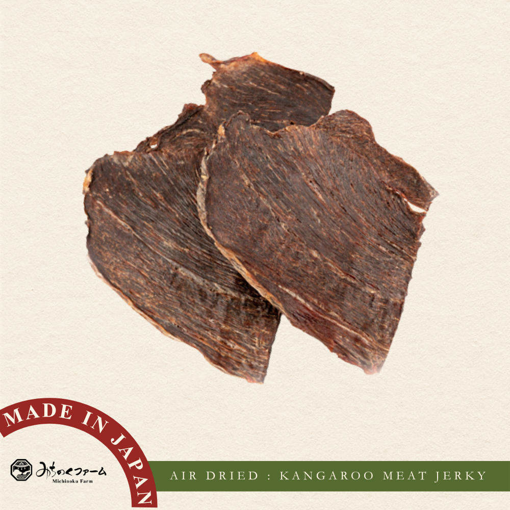 Michinoku Farm Air Dried Kangaroo Meat Jerky pouch, a air-dried kangaroo dog treats made in Japan. 100% natural kangaroo, air-dried in Japan for dogs and cats in Singapore
