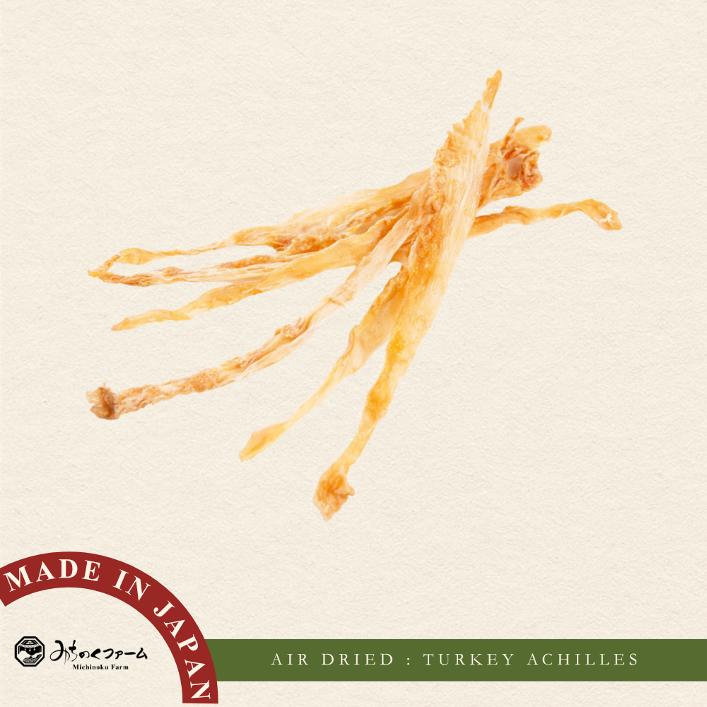 Michinoku Farm Air Dried Turkey Achilles pouch, a air-dried turkey dog treats made in Japan. 100% natural turkey Achilles tendon for dogs and cats in Singapore
