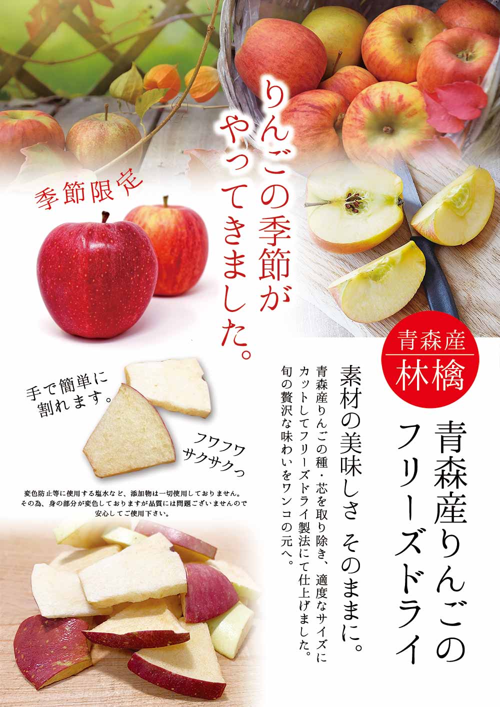 Close-up of Freeze Dried Apple showing the natural texture of this freeze dried apple. Contains vitamin C and natural antioxidants, a healthy freeze-dried treat from Michinoku Farm Japan