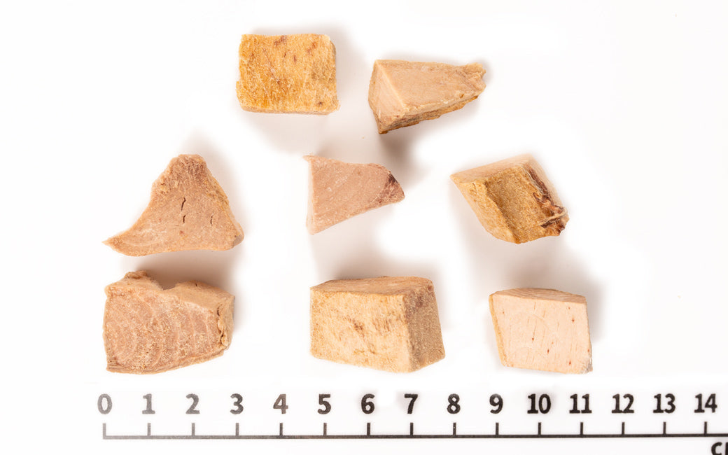 Freeze Dried Skipjack Tuna pieces served out of the pouch, pure fish meat, no salt or additives. A natural freeze dried tuna for dogs treat for dogs and cats from Michinoku Farm Singapore