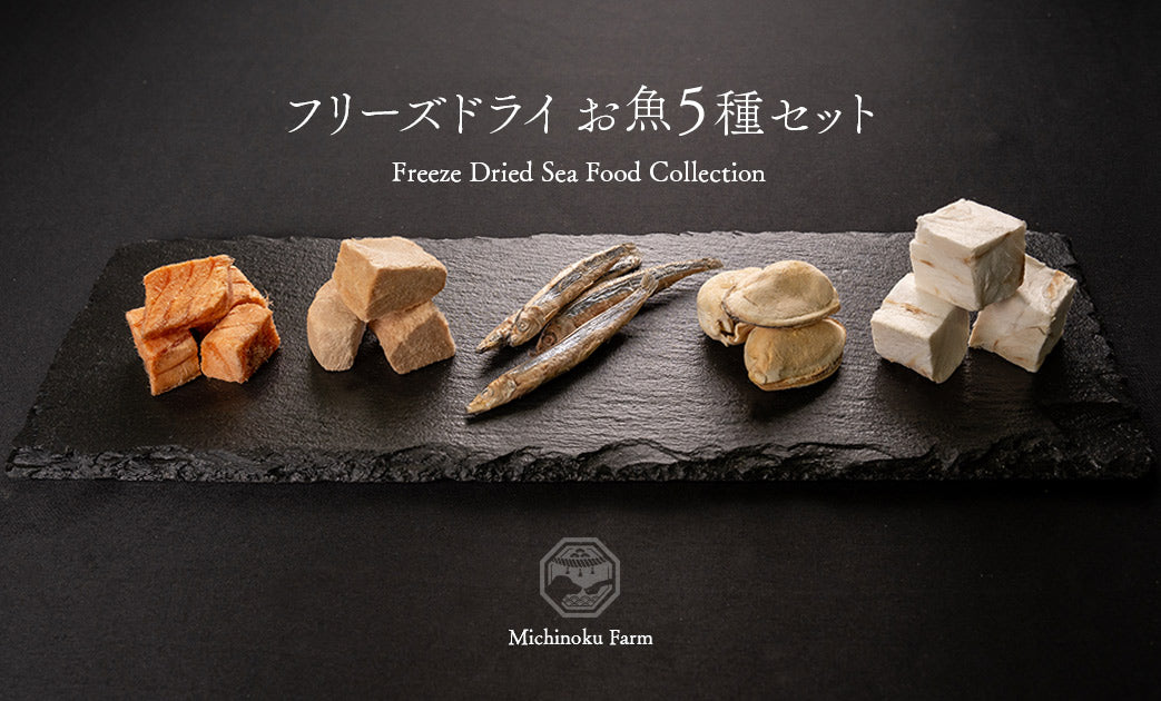 Back of the Freeze Dried Seafood 5 Flavour Trial Set pouch showing full ingredient list and feeding details, dog birthday treats from Michinoku Farm Japan