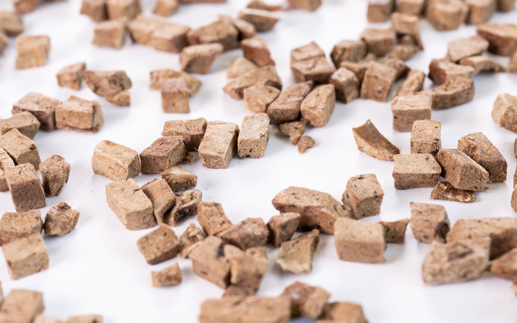 Close-up of Freeze Dried Horse Liver (Small Cubes) showing the natural texture of this freeze dried horse. 100% pure horse liver, no additives, a healthy freeze-dried treat from Michinoku Farm Japan