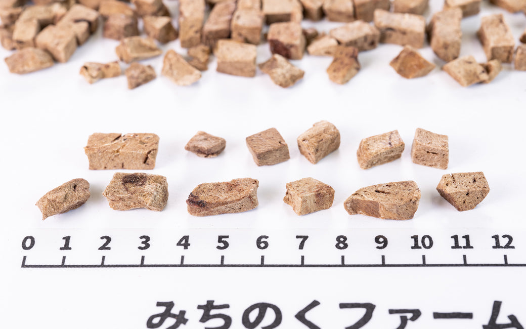 Freeze Dried Horse Liver (Small Cubes) pieces served out of the pouch, soft texture, easy to chew. A natural horse meat for dogs treat for dogs and cats from Michinoku Farm Singapore