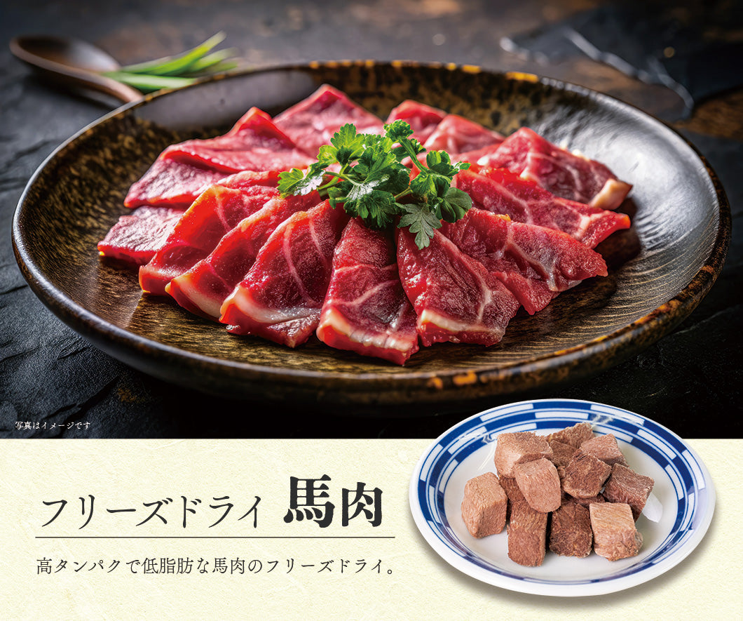 Close-up of Freeze Dried Horse Meat showing the natural texture of this freeze dried horse. Soft 3cm cubes, easy to chew, a healthy freeze-dried treat from Michinoku Farm Japan