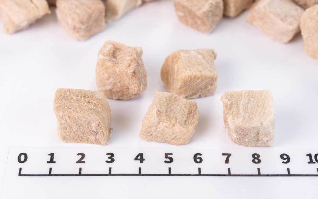 Close-up of Freeze Dried Iwami Pork showing the natural texture of this freeze dried pork for dogs. High-quality protein for strong muscles, a healthy freeze-dried treat from Michinoku Farm Japan