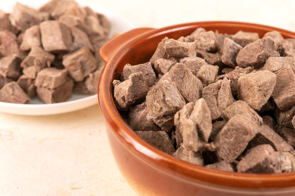 Close-up of Freeze Dried Kangaroo Meat showing the natural texture of this freeze dried kangaroo. Novel protein, naturally hypoallergenic option, a healthy freeze-dried treat from Michinoku Farm Japan