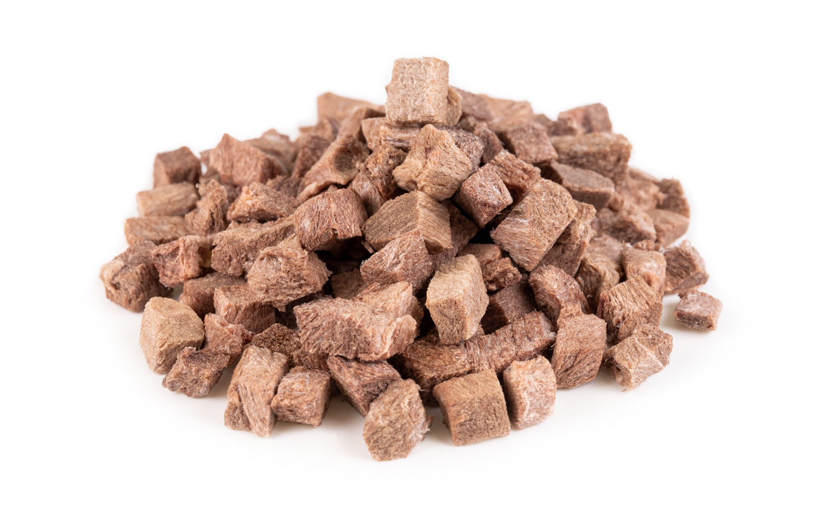 Close-up of Freeze Dried Kangaroo Meat (Small Cubes) showing the natural texture of this freeze dried kangaroo. Novel protein, naturally hypoallergenic option, a healthy freeze-dried treat from Michinoku Farm Japan