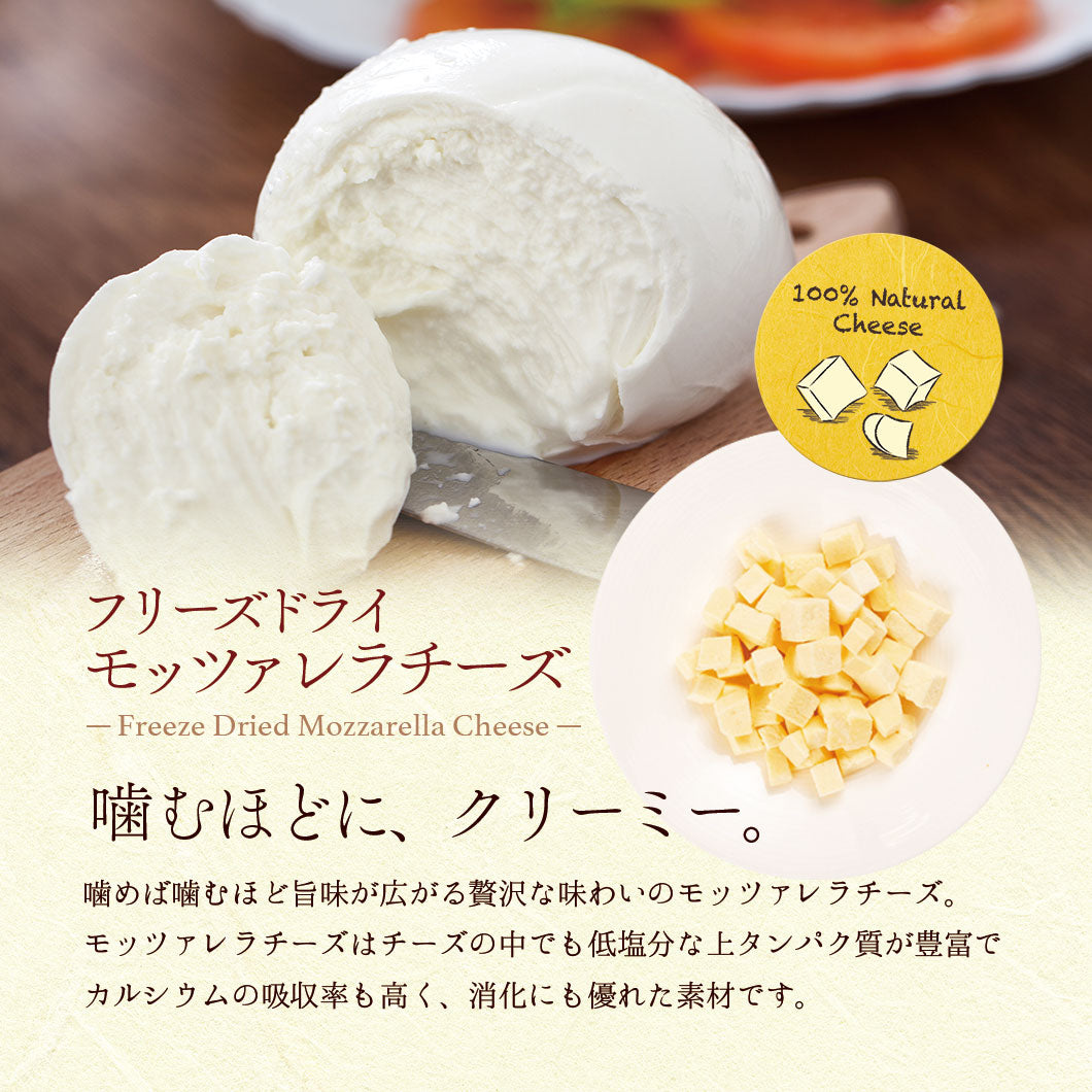 Close-up of Freeze Dried Mozzarella Cheese showing the natural texture of this freeze dried cheese. Excellent source of calcium for bones, a healthy freeze-dried treat from Michinoku Farm Japan