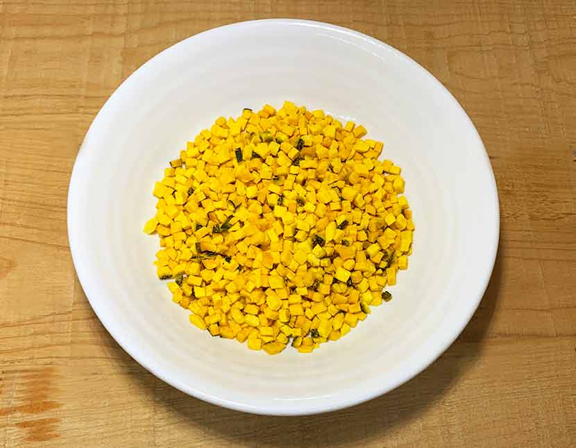 Close-up of Freeze Dried Pumpkin showing the natural texture of this freeze dried pumpkin. Rich in dietary fiber, supports digestion, a healthy freeze-dried treat from Michinoku Farm Japan