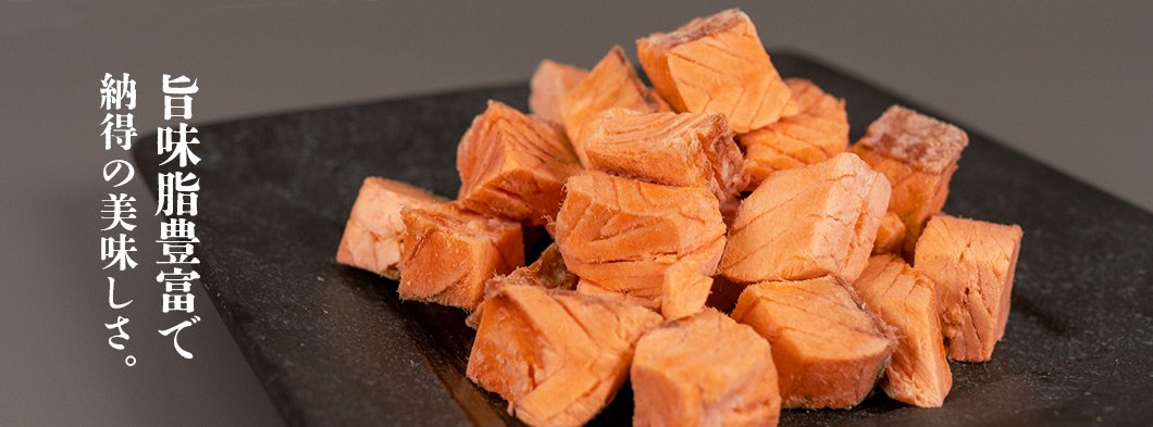 Freeze Dried Silver Salmon pieces served out of the pouch, no salt or additives, pure meat. A natural freeze dried salmon for dogs treat for dogs and cats from Michinoku Farm Singapore
