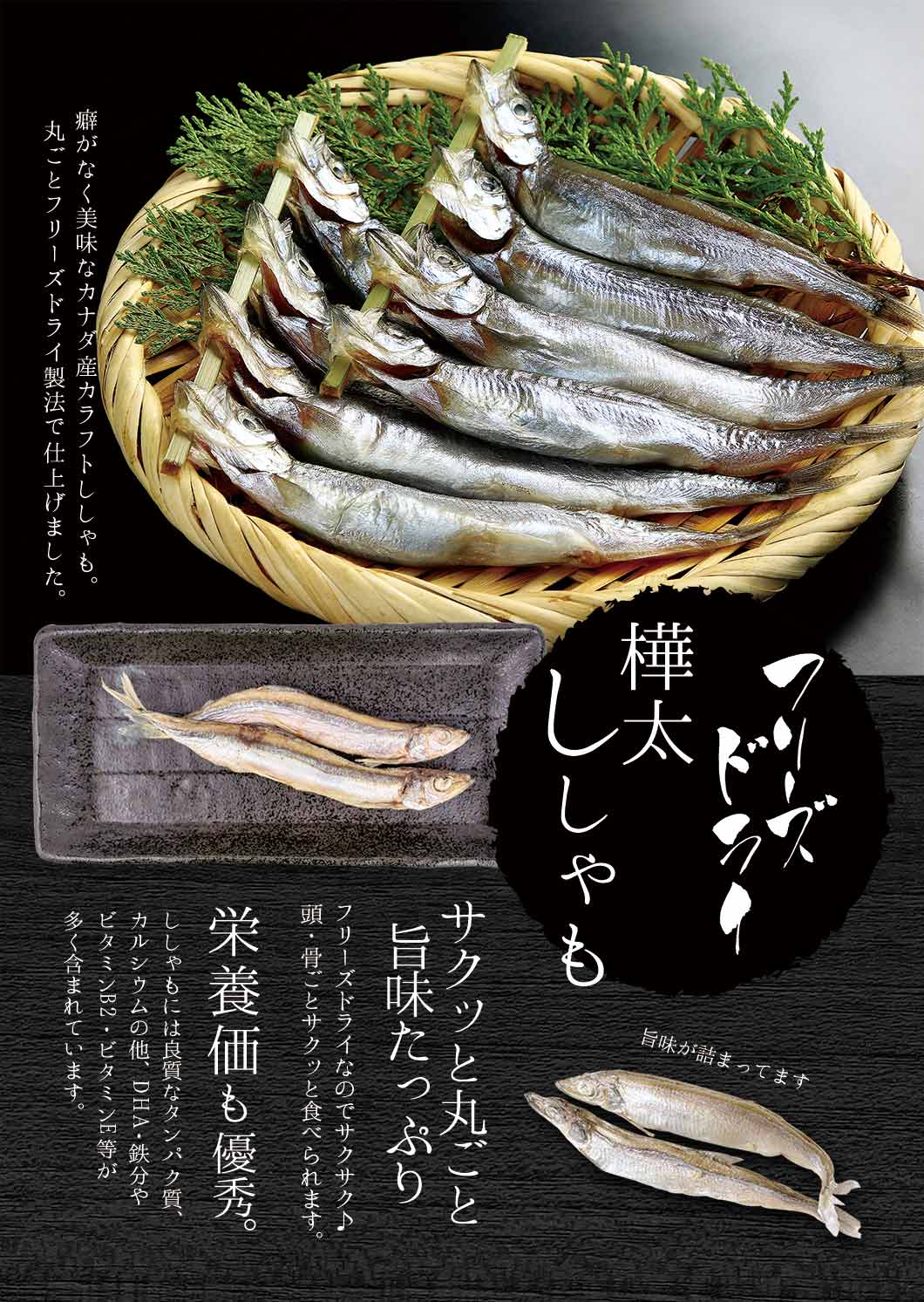 Close-up of Freeze Dried Capelin showing the natural texture of this freeze dried fish. Rich in DHA, calcium, iron, vitamins, a healthy freeze-dried treat from Michinoku Farm Japan