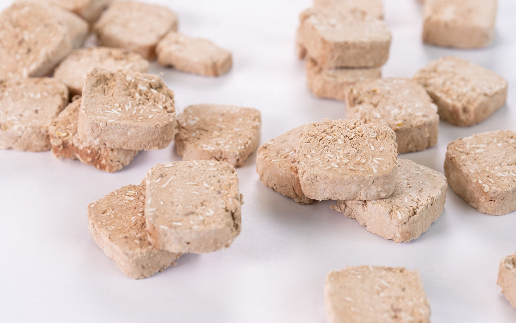 Freeze Dried Horse Meat Cookie pieces served out of the pouch, can be crushed into a meal topper. A natural horse meat dog treats for dogs and cats from Michinoku Farm Singapore
