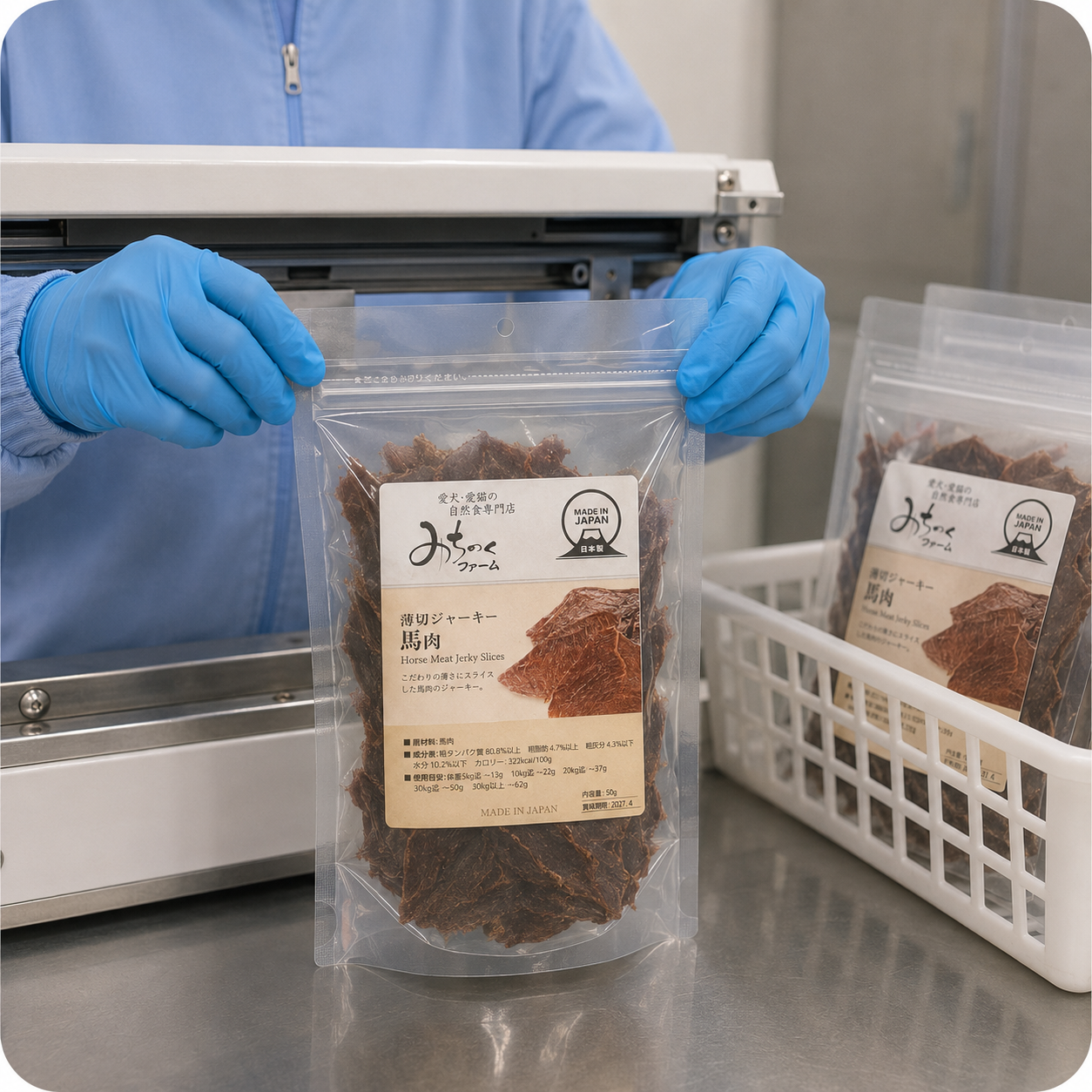 Step six, sealing treats in pouches straight after inspection to keep the aroma in