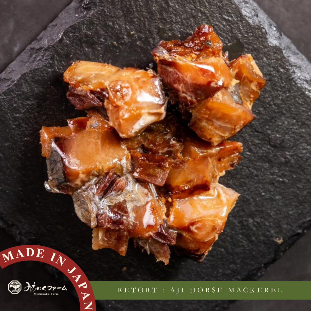 Michinoku Farm Retort Aji (Horse Mackerel) pouch, a retort freeze dried fish for dogs made in Japan. Aji (horse mackerel), protein for muscle building for dogs and cats in Singapore