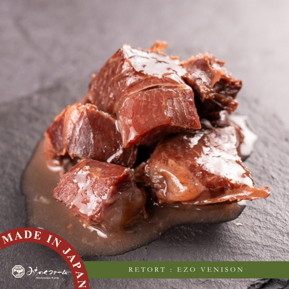 Michinoku Farm Retort Ezo Venison pouch, a retort venison dog food made in Japan. High protein, supports muscle growth, repair for dogs and cats in Singapore