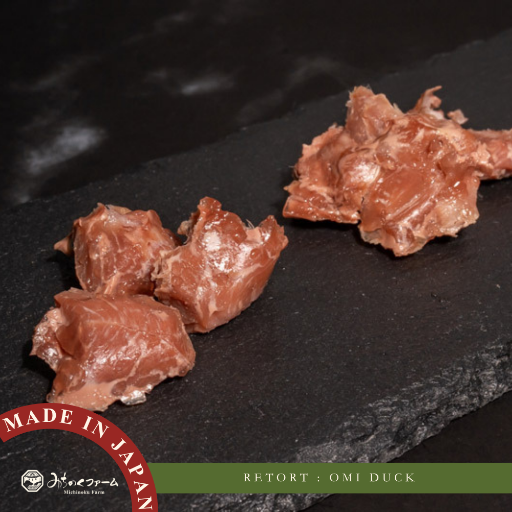 Michinoku Farm Retort Omi Duck pouch, a retort duck dog treats made in Japan. Omi Duck breast, Shiga Prefecture origin for dogs and cats in Singapore