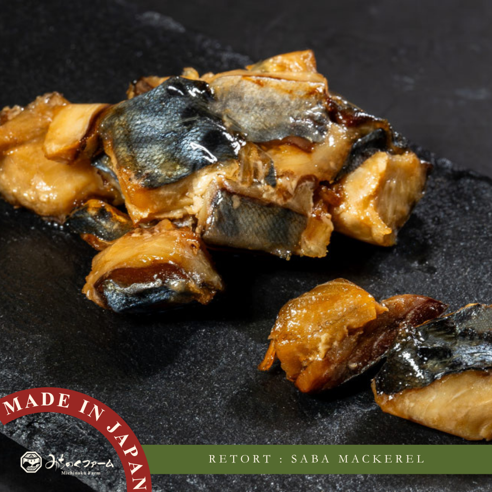 Michinoku Farm Retort Saba (Mackerel) pouch, a retort freeze dried fish for dogs made in Japan. Soft, tender mackerel, no seasonings added for dogs and cats in Singapore