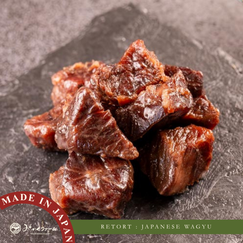 Michinoku Farm Retort Wagyu pouch, a retort wagyu dog treats made in Japan. Japanese Black Wagyu, fine natural marbling for dogs and cats in Singapore