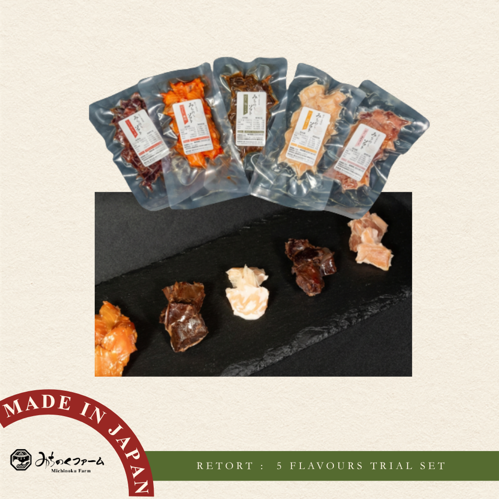 Michinoku Farm Retort 5 Flavors Trial Set pouch, a retort dog treat sampler made in Japan. 5 proteins: horse, chicken, salmon, pork, kangaroo for dogs and cats in Singapore